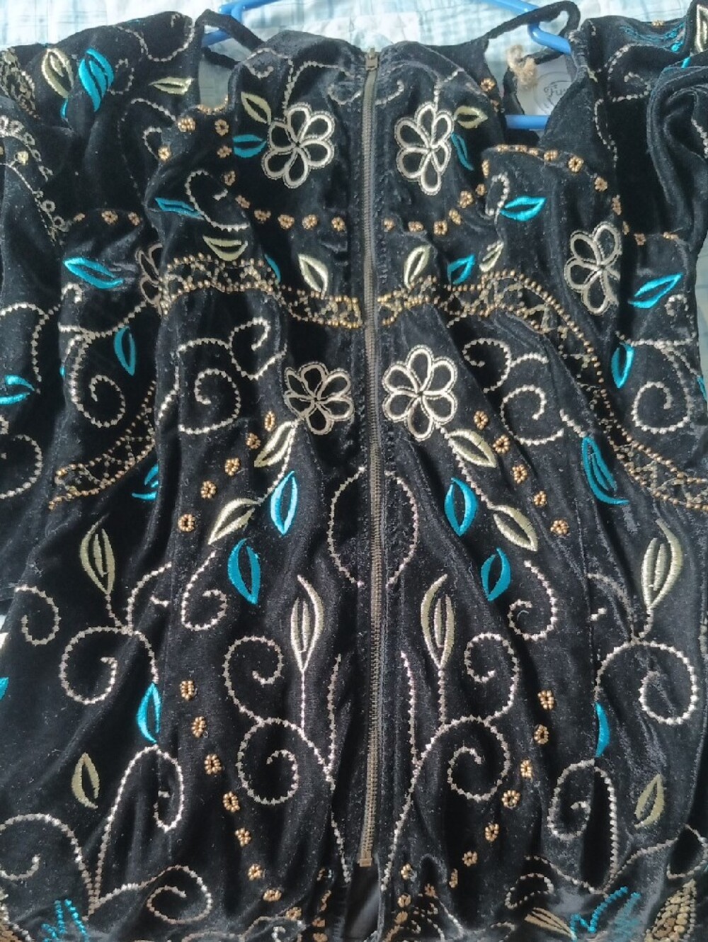 Black Embroidered Velvet Tunic Top with Teal Accents - Picture 11 of 11